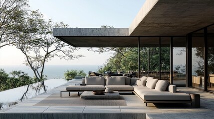 Minimalist patio with stunning ocean view, featuring sleek furniture and nature