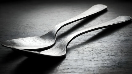 Two spoons on dark wood table, dramatic lighting, close-up. Perfect for food blogs, restaurant menus, or culinary websites