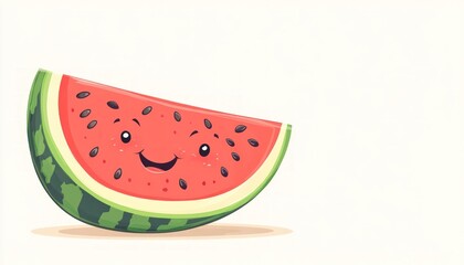 A playful cartoon illustration of a watermelon slice featuring a cute smiling expression and cartoonish characteristics on a light background, showcasing vibrant green rind and juicy red flesh