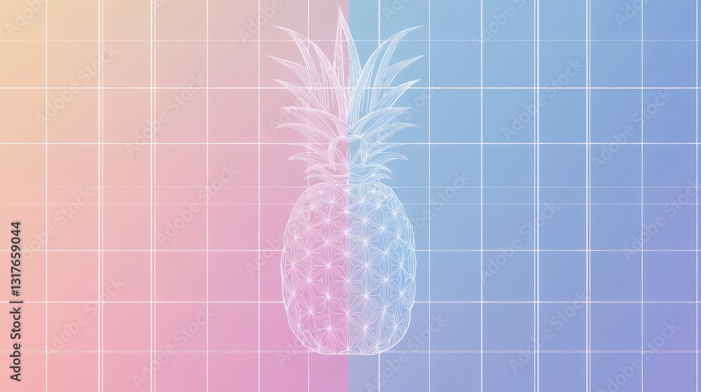 Poster pineapple illustration in pointillism style on gradient grid background with a balance of pink and b