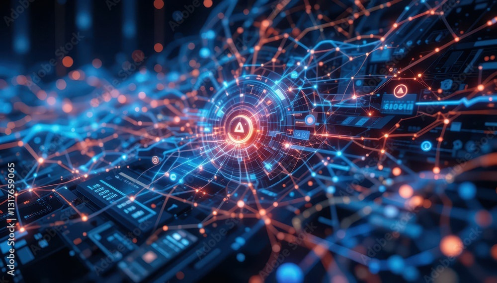 Poster abstract digital network visualization with warning symbol and lights