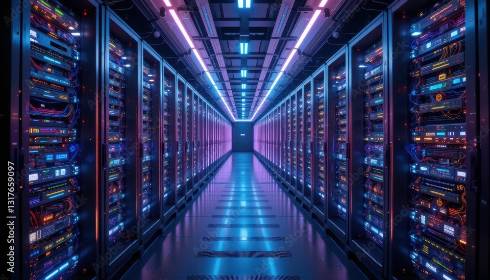 Poster futuristic data center with colorful led lights and server racks