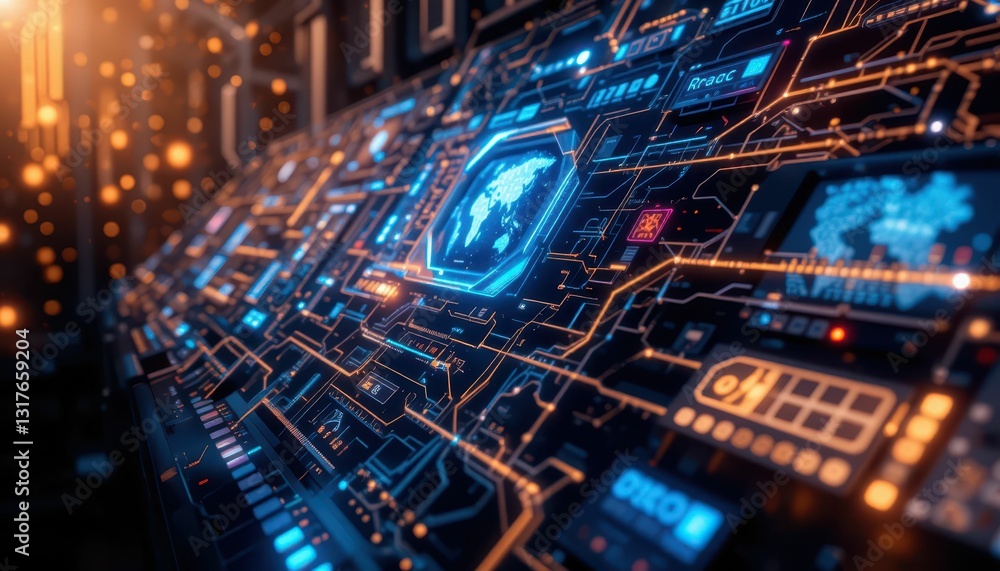 Poster futuristic digital interface with abstract data visualization design