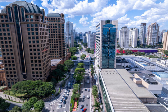 Aerial drone view of the Brooklin neighborhood in S&atilde;o Paulo, Brazil.
Beautiful new buildings for housing and offices. Near Berrine Avenue