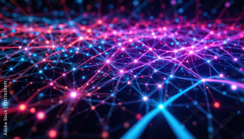 Poster colorful abstract network with glowing nodes and connected lines