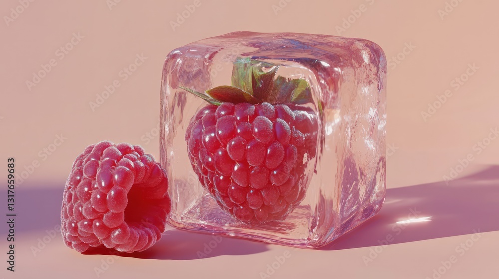 Poster generic food item inside transparent ice cube on pink backdrop showcasing a concept of freshness and