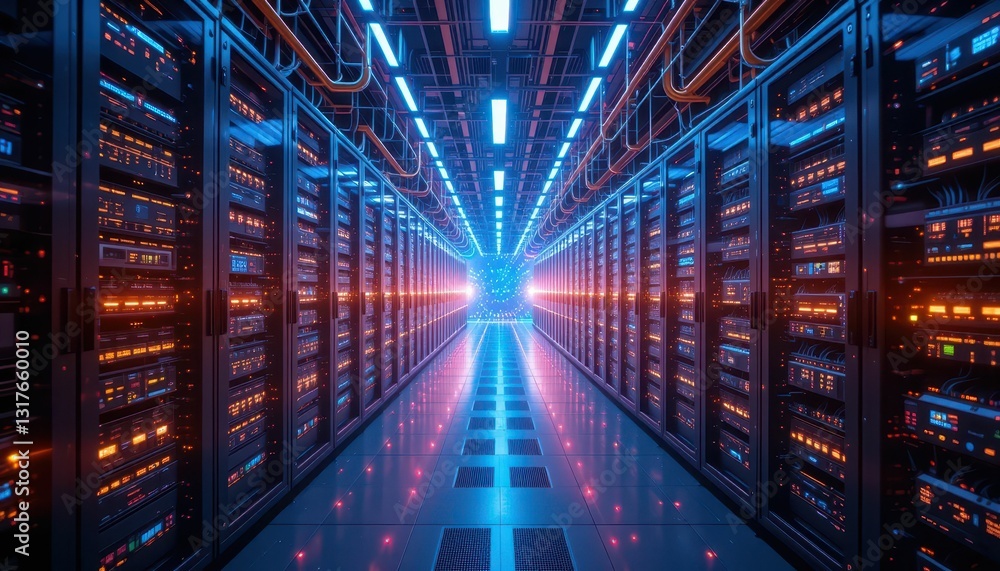 Poster glowing data center aisle with advanced server technology and lights
