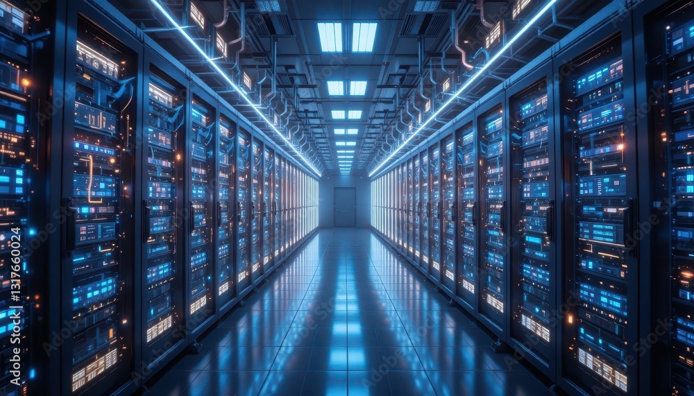 Poster futuristic data center with rows of servers and illuminated lights