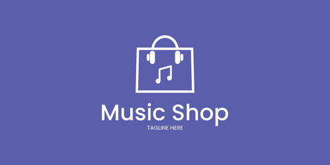 minimalist logo featuring a combination of shop symbol, headphone and music icon with flat color. suitable for music store, music application and the like