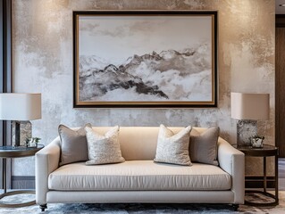 An elegant interior scene featuring a sofa with a mountain landscape