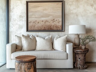 A cozy living room with a couch and rustic side tables