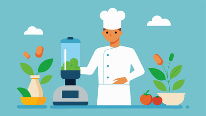 Innovative Cooking A chef using modern cooking gadgets such as a sousvide machine and food processor to prepare a gourmet plantbased meal surrounded by fresh herbs and es.
