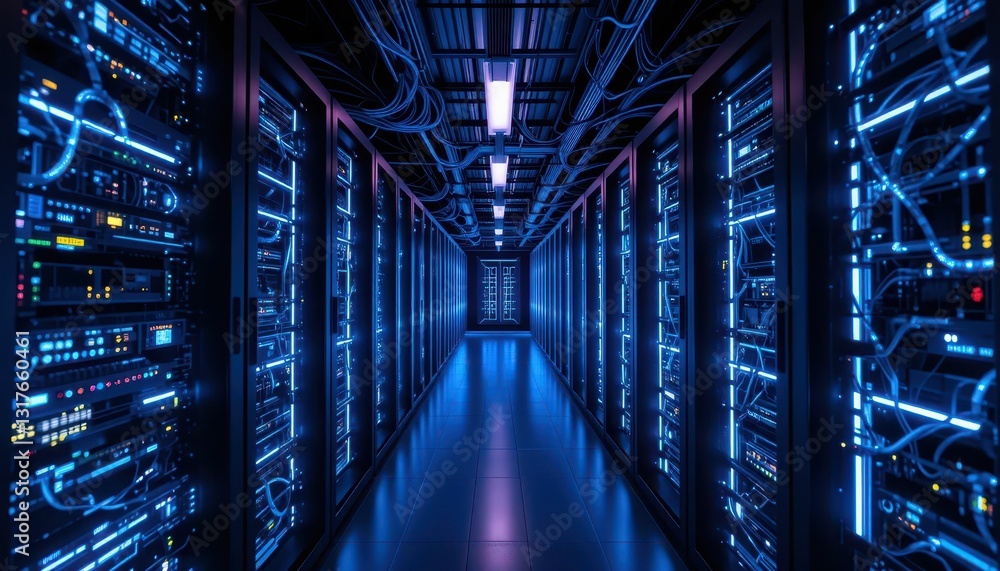 Poster high-tech data center with blue illuminated server racks