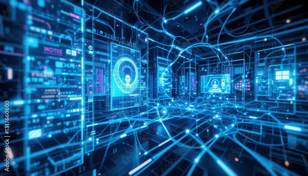 Poster futuristic digital space with data streams and high-tech interfaces
