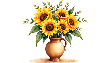 Watercolor painting: a bouquet of bright sunflowers in golden-yellow shades in a ceramic vase on a white background