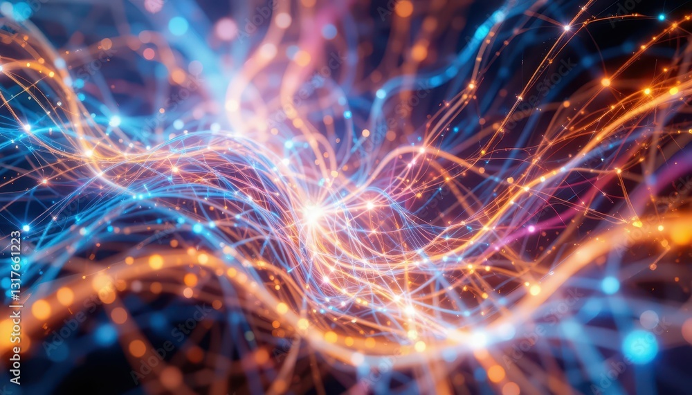 Poster abstract colorful light waves with glowing particles in motion