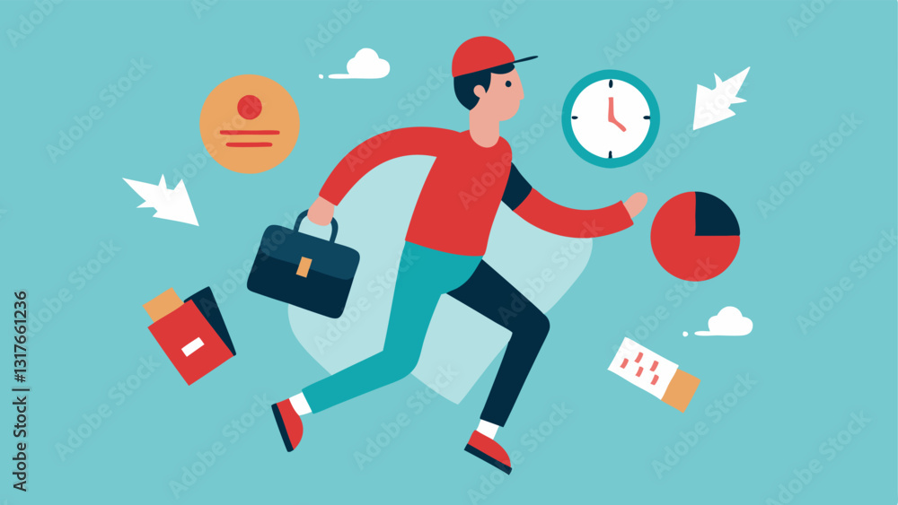 Poster rushed delivery a gig worker frantically rushing with a delivery bag surrounded by timers and deadli