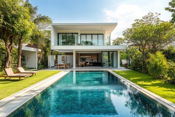 Fototapeta premium Modern luxury house with a swimming pool, outdoor seating, and lush greenery under a clear blue sky.