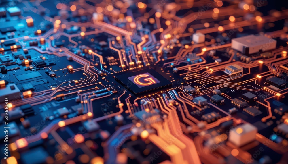 Poster intricate circuit board design with glowing connections and elements