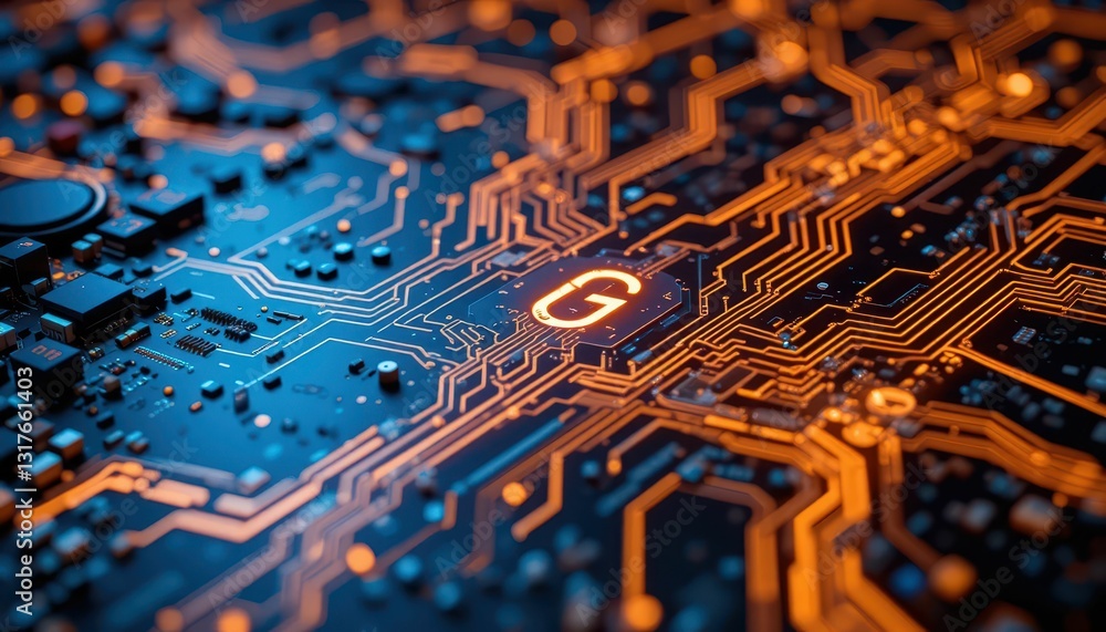 Aufkleber close-up view of circuit board with glowing orange patterns and g