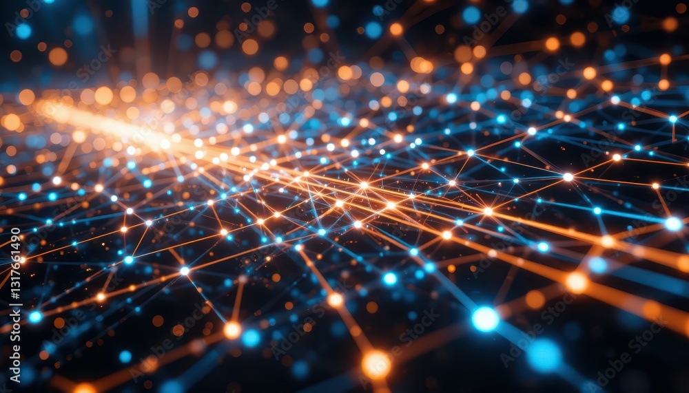 Poster futuristic abstract network of bright lines and dots in space