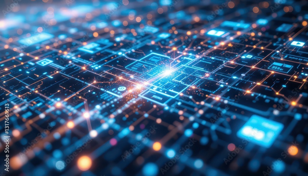 Poster futuristic digital network visualization with bright data connections