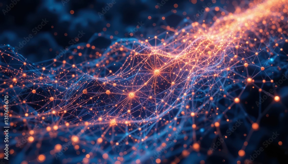 Poster abstract digital network flow with glowing particles and light strands