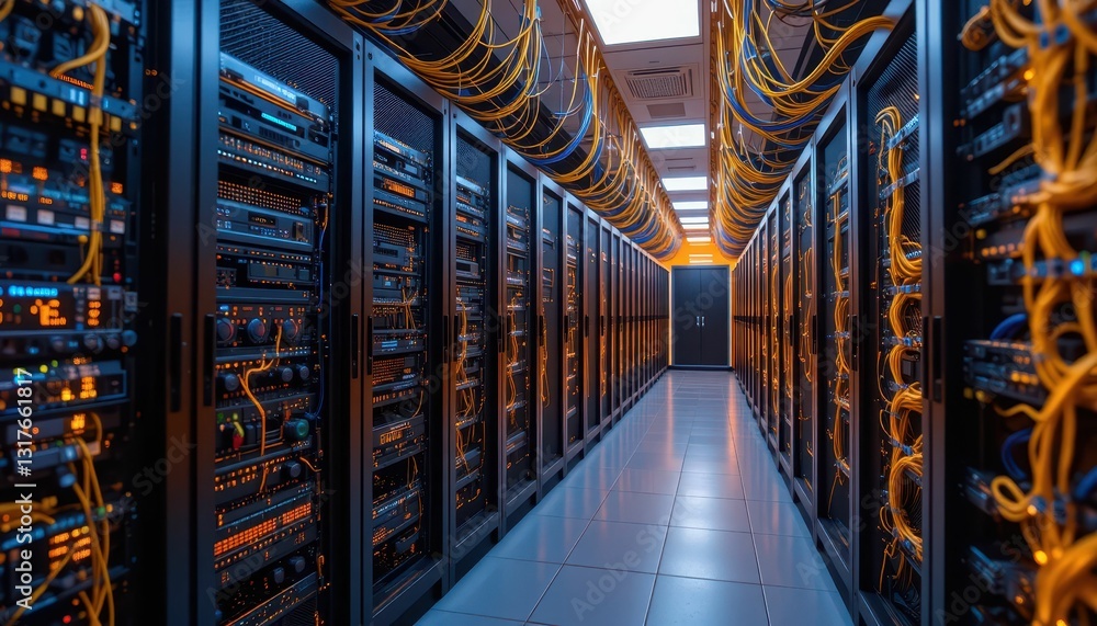Poster modern data center with network routers and illuminated cables