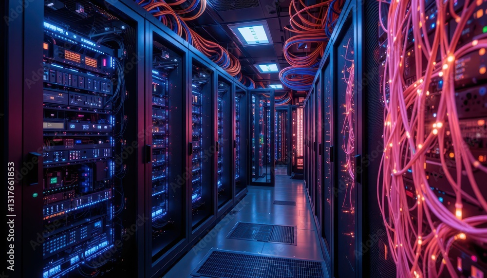 Poster high-tech data center with colorful cables and illuminated servers