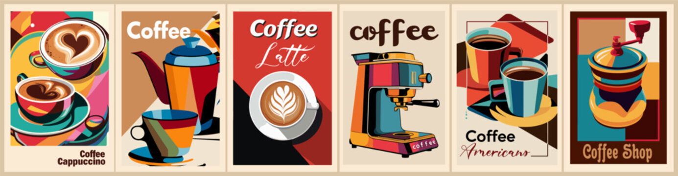 Coffee poster design set in retro mid century modern style. Label collection, template for coffee shop. Vintage vector illustrations of coffee, cappuccino cup, pot, machine, grinder.