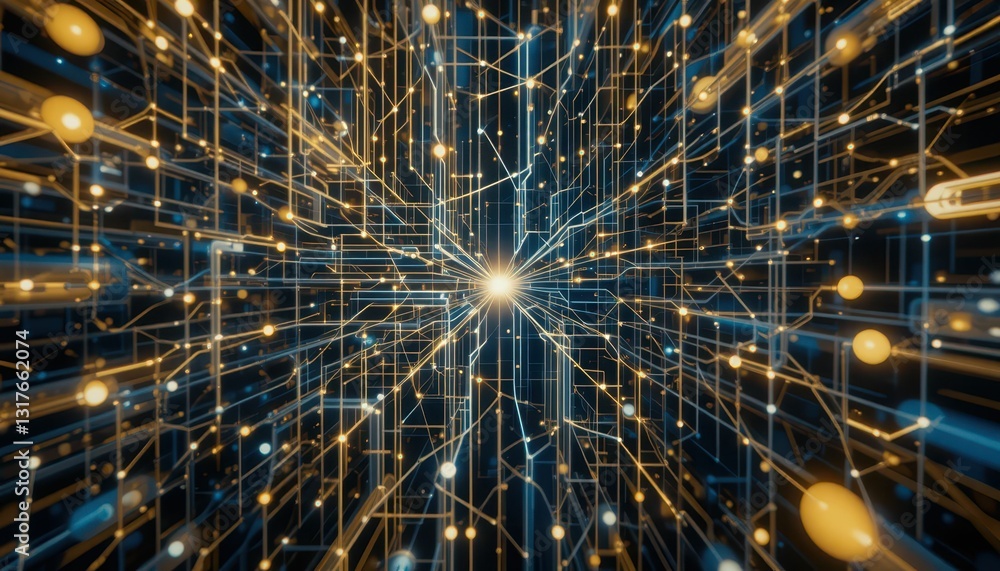 Poster abstract digital network with glowing lines and particles burst effect