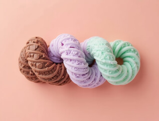 Ice Cream Scoops Looped into Interwoven Rings, Alternating Between Chocolate, Pastel Lavender, and Mint