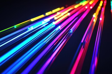 Colorful light streaks blur across a dark background, creating a dynamic effect