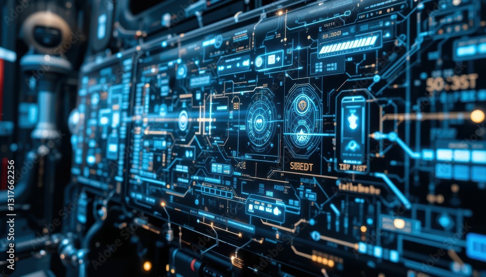 Poster high-tech futuristic control panel interface with data visualization