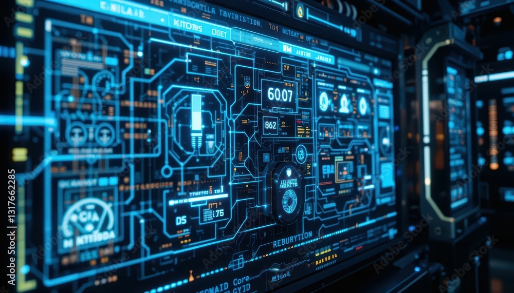 Poster futuristic interface display with complex data and digital elements