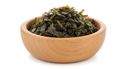 Fototapeta premium Dried Seaweed Flakes in a Wooden Bowl on White Background – Healthy Asian Cuisine Ingredient