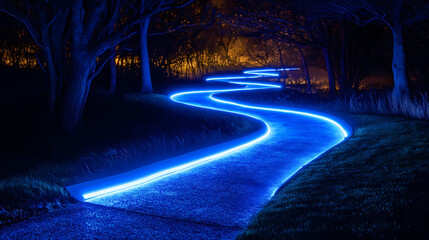 Long exposure photograph of blue neon light trails on a curved path against a dark background, evoking a sense of motion and speed. Radiant Shadows. Illustration