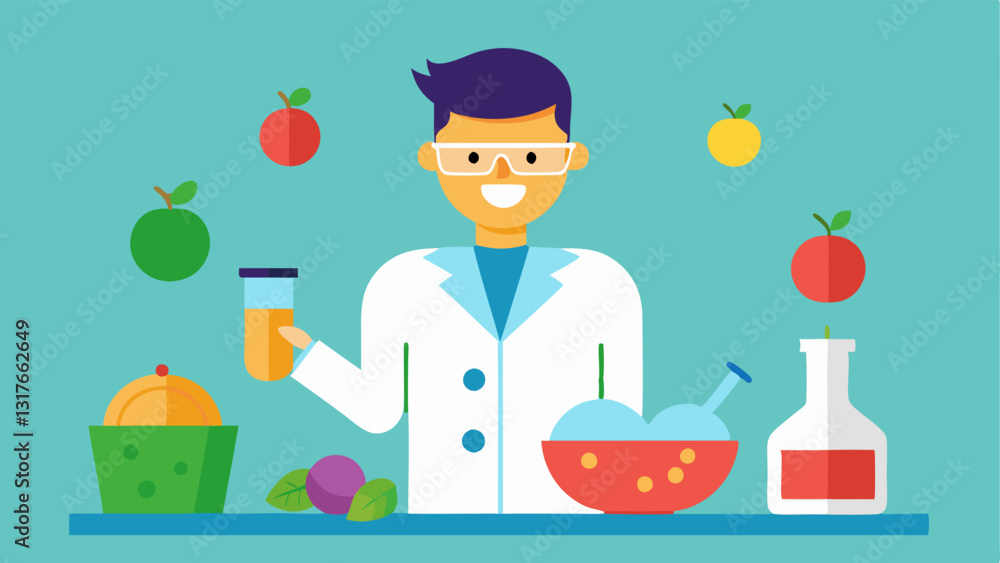 Poster laboratory scene a scientist in a lab coat and goggles is mixing colorful liquids in beakers while s