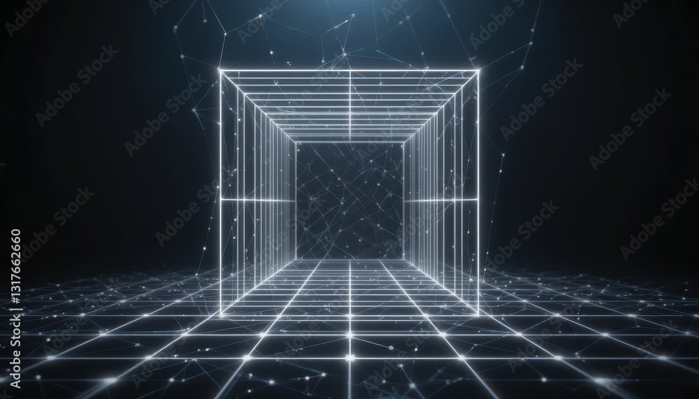 Poster abstract 3d cube visualization in digital space with lines and dots