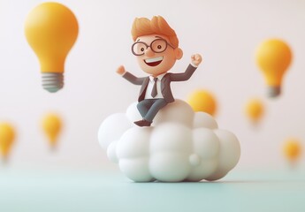 A cheerful cartoon character in a suit sits on a cloud, surrounded by floating lightbulbs, symbolizing creativity and bright ideas.