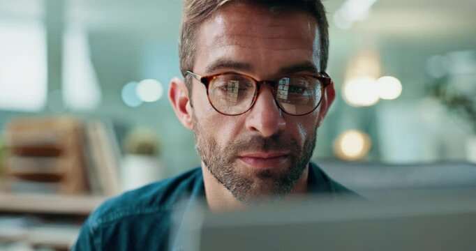 Reading, face or businessman on computer for finance research, bookkeeping or profit report. Email, economy news or auditor with project budget for company, accounting or financial investment online
