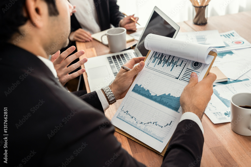 Aufkleber diverse group of business analyst team analyzing financial data report paper on office table. chart 