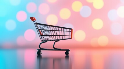 A shopping cart is placed against a colorful bokeh background, creating a vibrant and dynamic visual effect.