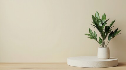 A minimalist interior featuring a green plant in a white pot on a circular platform against a soft beige wall.
