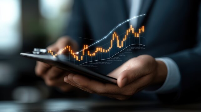 A professional holding a tablet displaying dynamic financial graphs and trends, ideal for business presentations, financial articles, or educational materials about investment strategies,