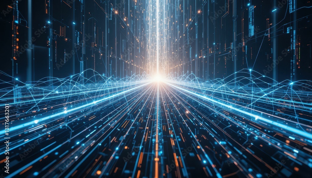 Poster futuristic data corridor with blue light and digital elements