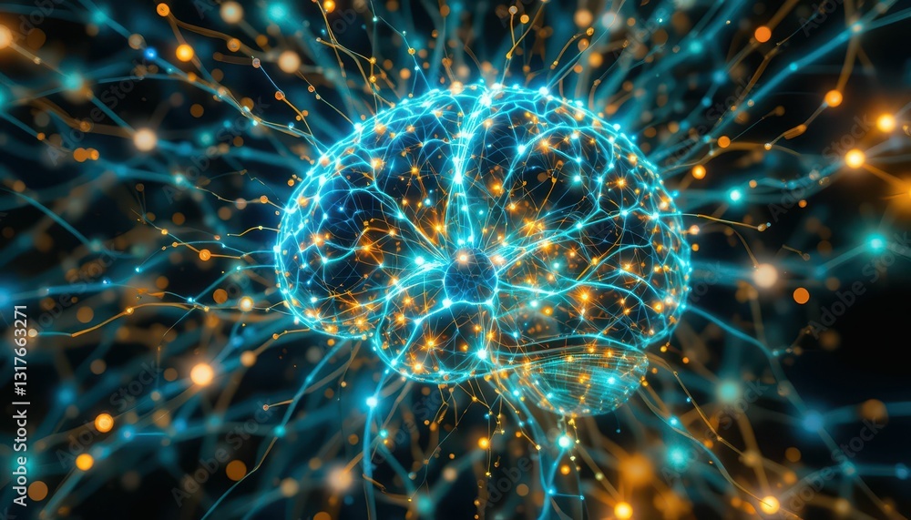 Poster glowing neural connections in a digital brain visualization