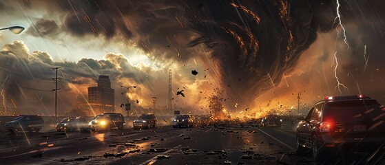 A hyper-realistic scene of a massive tornado striking a busy highway, causing chaos and destruction. A cinematic depiction of extreme weather and disaster.