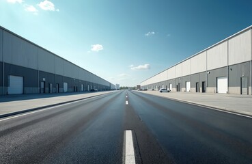Asphalt road leads to industrial park buildings. Sunny day with clear sky. Logistic, transport business background, warehouses, distribution centers. Commercial shipping, import export, supply