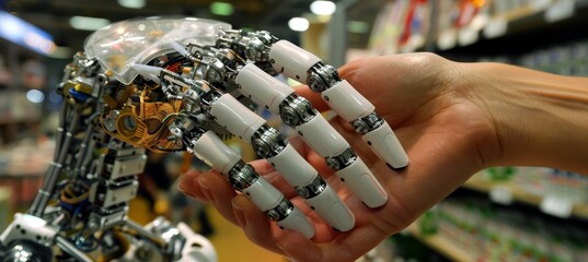 Obraz premium Symbolic connection a robotic hand and a human hand engaging in a collaborative shake